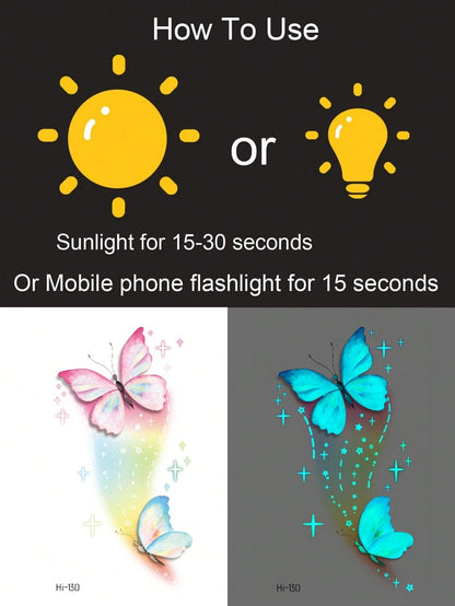 Glow Butterfly Tattoo Sticker, Luminous Butterfly Temporary Tattoo With Galaxy Planet Design, Glow In The Dark Fake Tattoo Decal, Waterproof Long Lasting Body Art For Women Girls, Fantasy Fairy Style