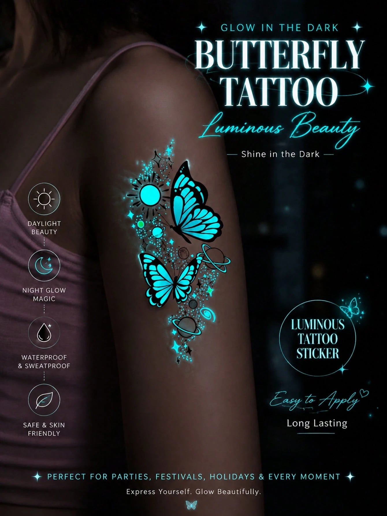 Glow Butterfly Tattoo Sticker, Luminous Butterfly Temporary Tattoo With Galaxy Planet Design, Glow In The Dark Fake Tattoo Decal, Waterproof Long Lasting Body Art For Women Girls, Fantasy Fairy Style