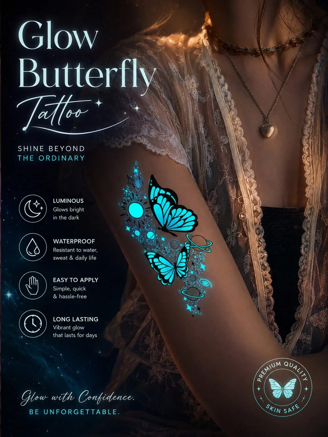 Glow Butterfly Tattoo Sticker, Luminous Butterfly Temporary Tattoo With Galaxy Planet Design, Glow In The Dark Fake Tattoo Decal, Waterproof Long Lasting Body Art For Women Girls, Fantasy Fairy Style