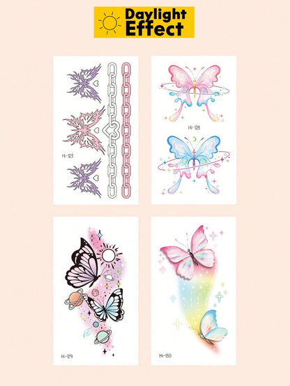 Glow Butterfly Tattoo Sticker, Luminous Butterfly Temporary Tattoo With Galaxy Planet Design, Glow In The Dark Fake Tattoo Decal, Waterproof Long Lasting Body Art For Women Girls, Fantasy Fairy Style