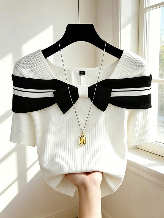 GlowEve CURVE Plus Size Women's Cute Black And White Off-Shoulder Bow Contrast Ribbed Short Sleeve Top, Summer School Back-To-School Elegant Party Graduation