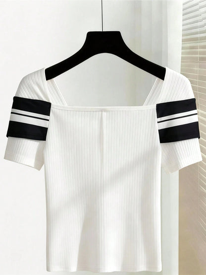 GlowEve CURVE Plus Size Women's Cute Black And White Off-Shoulder Bow Contrast Ribbed Short Sleeve Top, Summer School Back-To-School Elegant Party Graduation