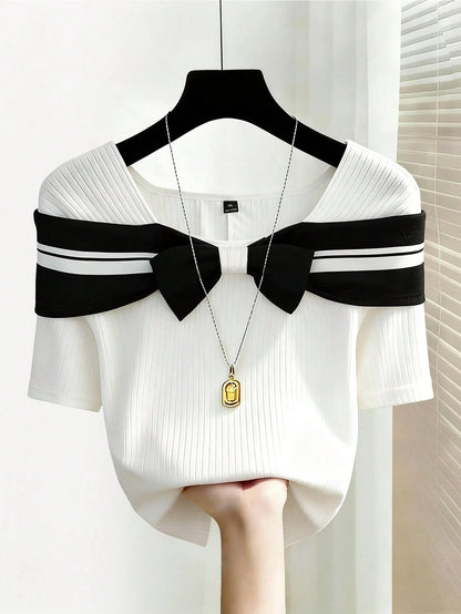 GlowEve CURVE Plus Size Women's Cute Black And White Off-Shoulder Bow Contrast Ribbed Short Sleeve Top, Summer School Back-To-School Elegant Party Graduation