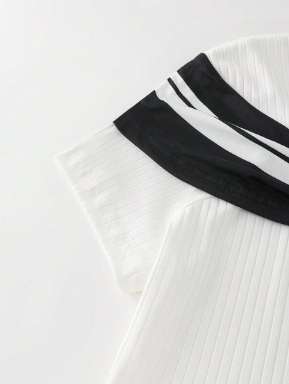 GlowEve CURVE Plus Size Women's Cute Black And White Off-Shoulder Bow Contrast Ribbed Short Sleeve Top, Summer School Back-To-School Elegant Party Graduation