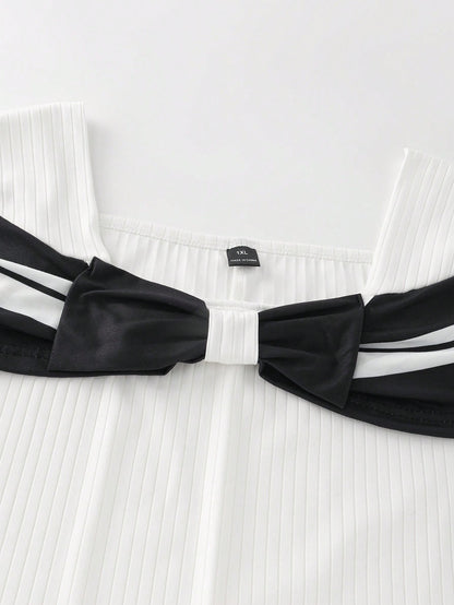 GlowEve CURVE Plus Size Women's Cute Black And White Off-Shoulder Bow Contrast Ribbed Short Sleeve Top, Summer School Back-To-School Elegant Party Graduation