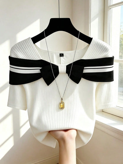 GlowEve CURVE Plus Size Women's Cute Black And White Off-Shoulder Bow Contrast Ribbed Short Sleeve Top, Summer School Back-To-School Elegant Party Graduation