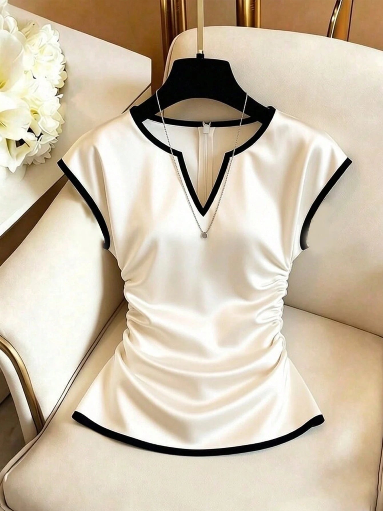 GlowEve Women's Apricot Base Black Trim Contrast Color Satin V-Neck Side Ruched Drawstring Elegant Short Sleeve Blouse For Summer