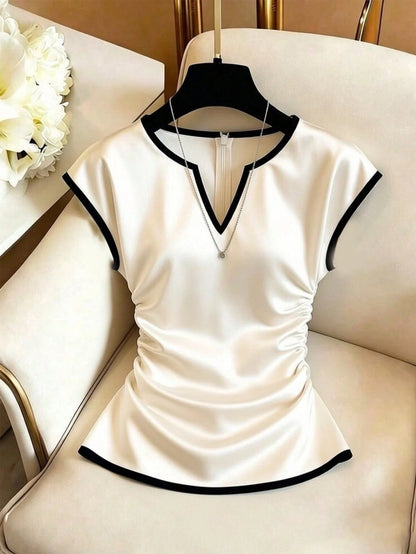GlowEve Women's Apricot Base Black Trim Contrast Color Satin V-Neck Side Ruched Drawstring Elegant Short Sleeve Blouse For Summer