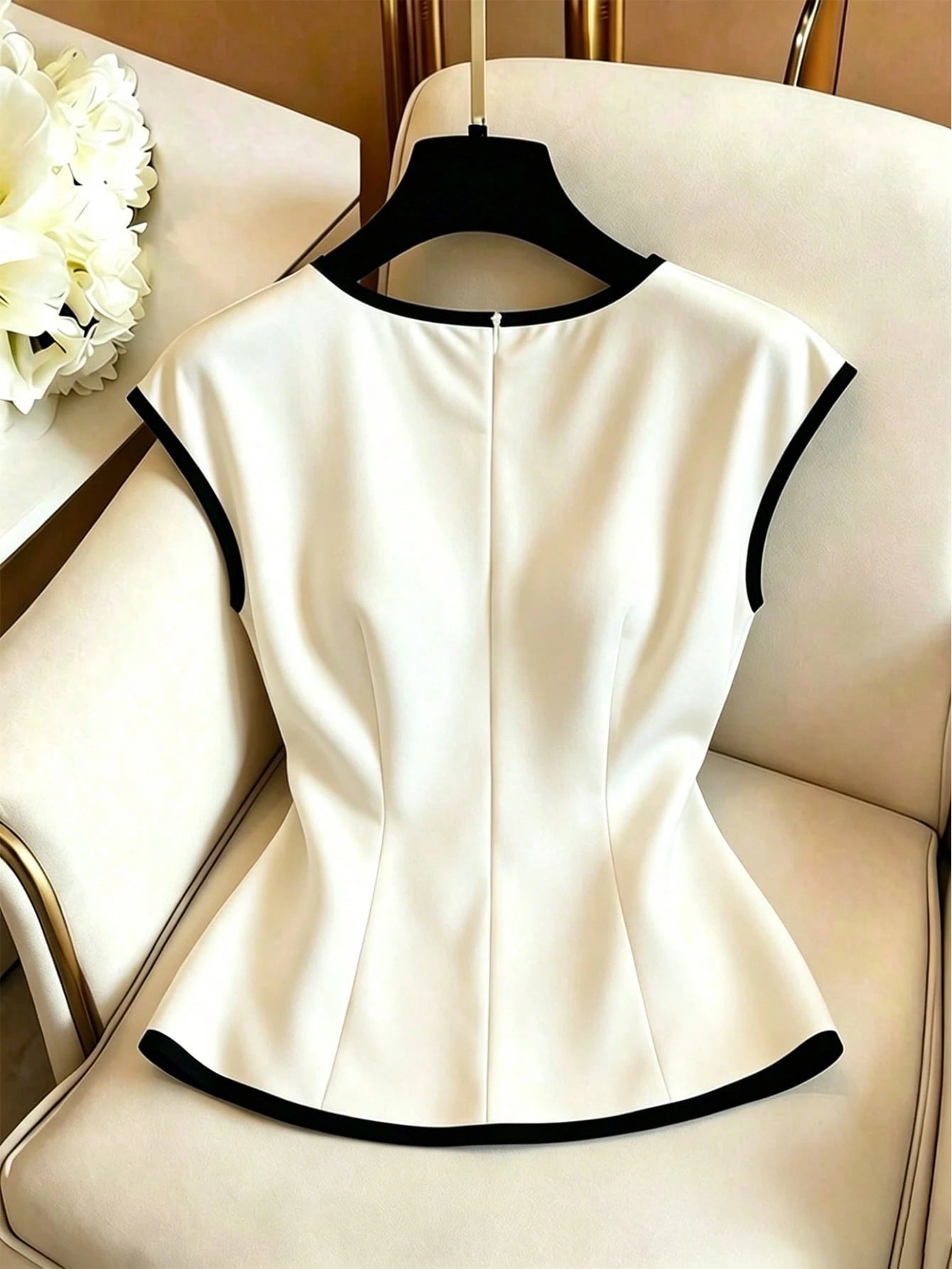 GlowEve Women's Apricot Base Black Trim Contrast Color Satin V-Neck Side Ruched Drawstring Elegant Short Sleeve Blouse For Summer