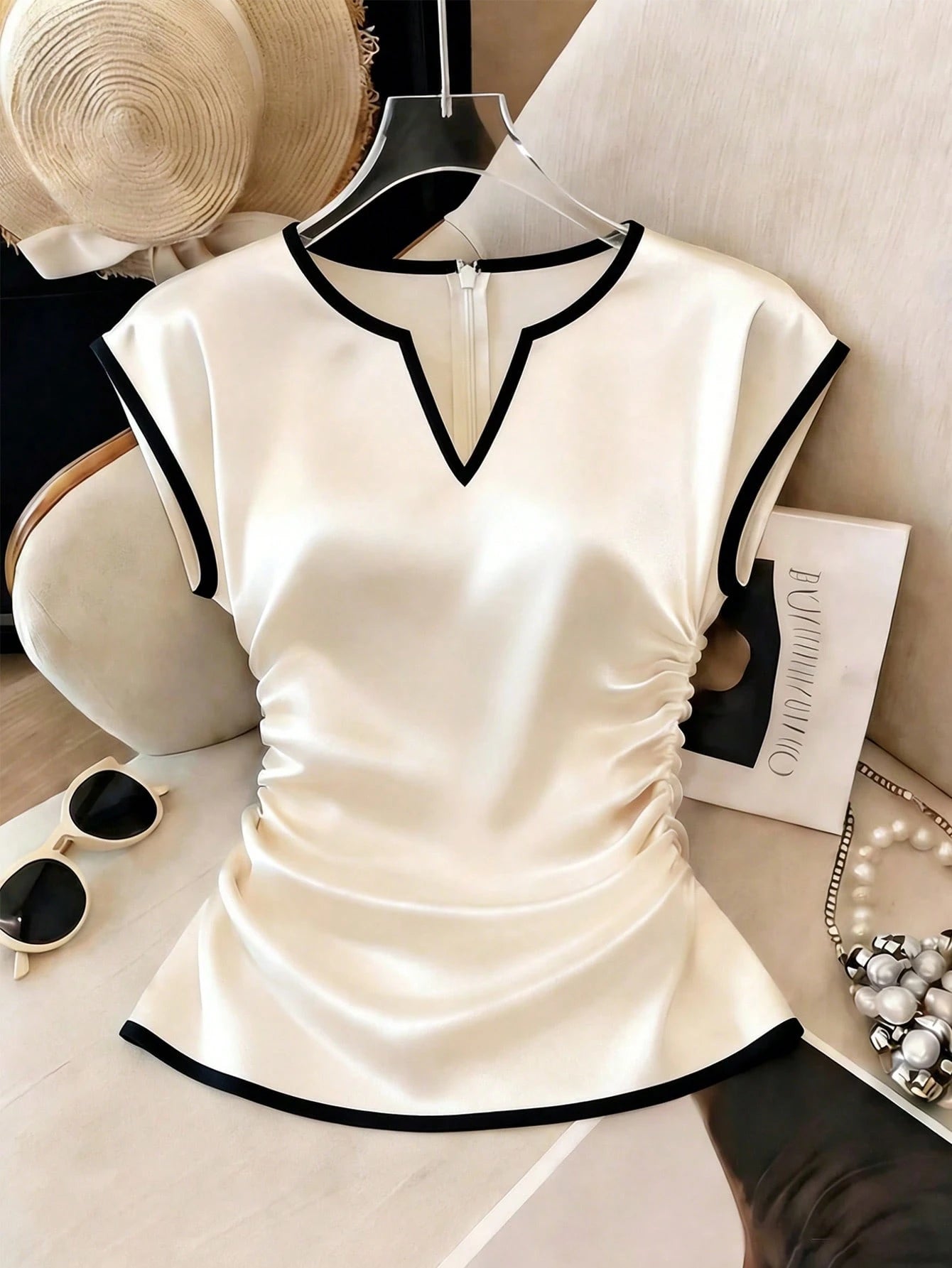 GlowEve Women's Apricot Base Black Trim Contrast Color Satin V-Neck Side Ruched Drawstring Elegant Short Sleeve Blouse For Summer