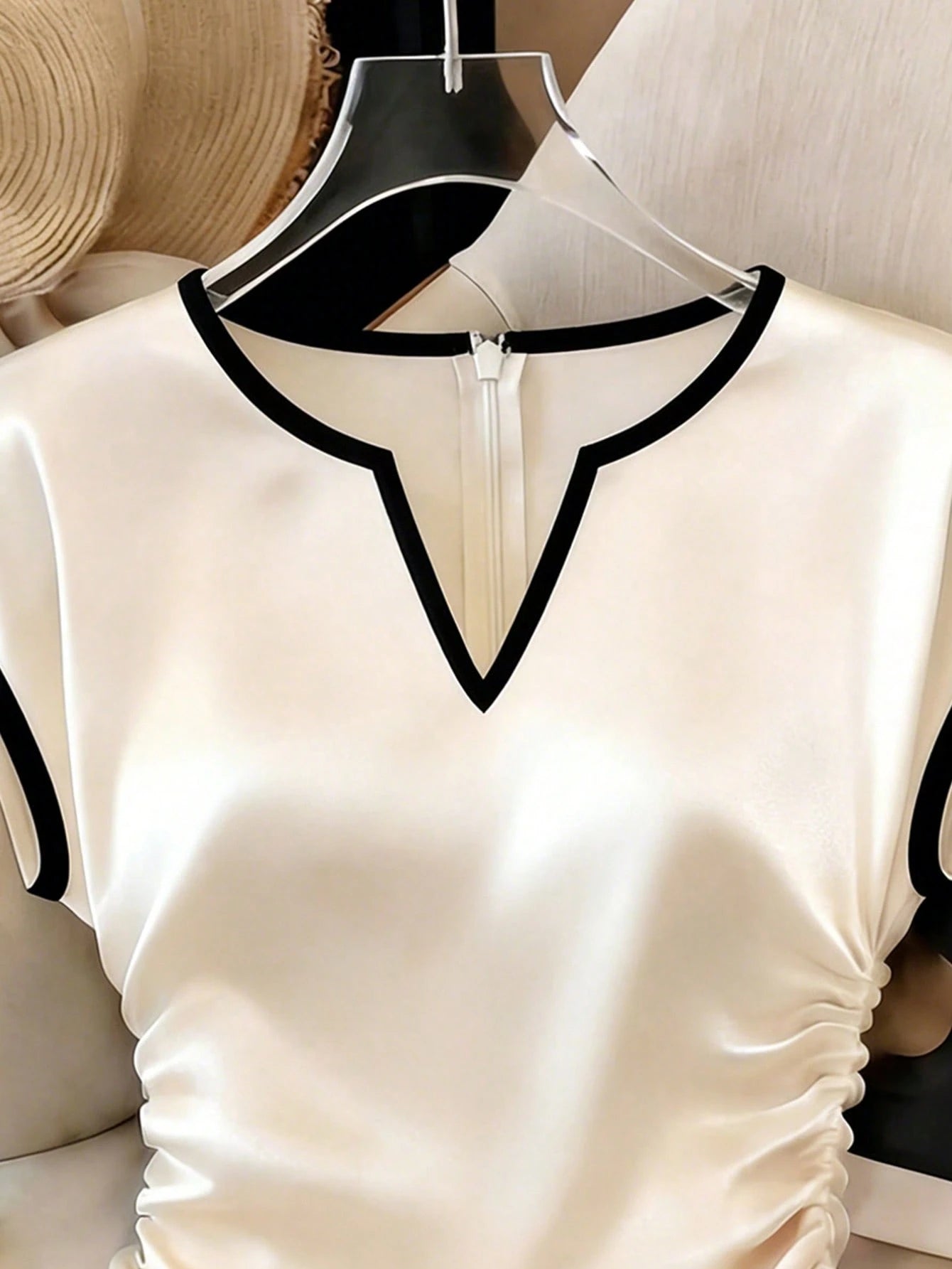 GlowEve Women's Apricot Base Black Trim Contrast Color Satin V-Neck Side Ruched Drawstring Elegant Short Sleeve Blouse For Summer