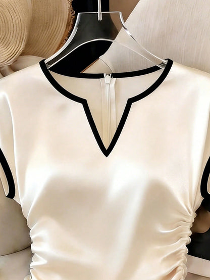 GlowEve Women's Apricot Base Black Trim Contrast Color Satin V-Neck Side Ruched Drawstring Elegant Short Sleeve Blouse For Summer