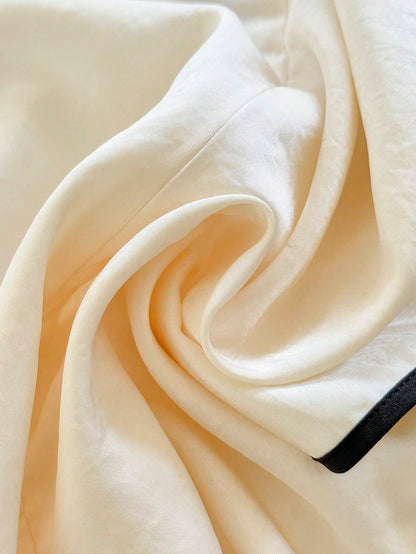 GlowEve Women's Apricot Base Black Trim Contrast Color Satin V-Neck Side Ruched Drawstring Elegant Short Sleeve Blouse For Summer