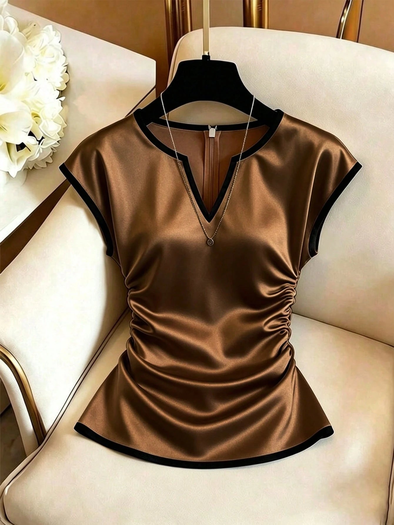 GlowEve Women's Apricot Base Black Trim Contrast Color Satin V-Neck Side Ruched Drawstring Elegant Short Sleeve Blouse For Summer