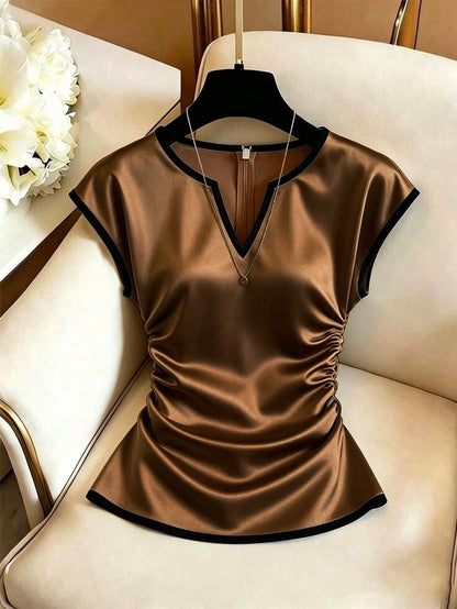 GlowEve Women's Apricot Base Black Trim Contrast Color Satin V-Neck Side Ruched Drawstring Elegant Short Sleeve Blouse For Summer