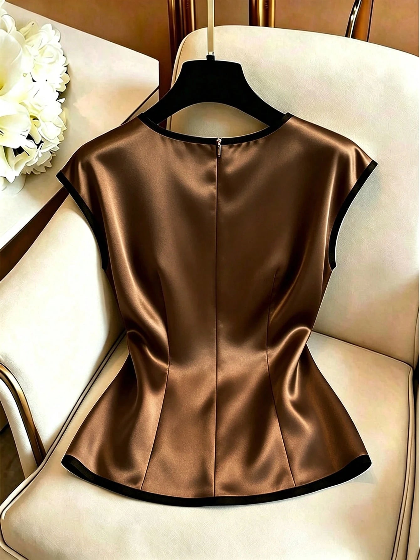 GlowEve Women's Apricot Base Black Trim Contrast Color Satin V-Neck Side Ruched Drawstring Elegant Short Sleeve Blouse For Summer