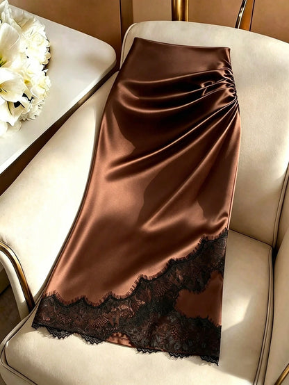 GlowEve Women's Lace Patchwork Pleated Casual Versatile Daily Outing Skirt
