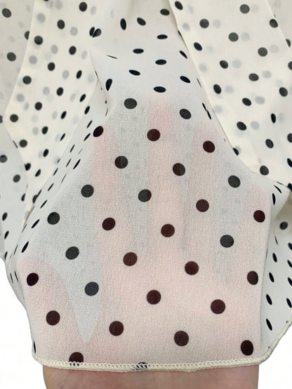 GlowEve Women's Polka Dot Print Tie Collar Ruffle Hem Sleeveless Blouse
