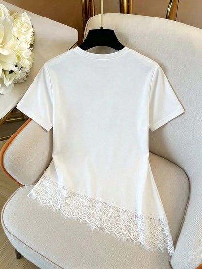 GlowEve Women's Round Neck Lace Patchwork Casual Versatile Daily Wear T-Shirt