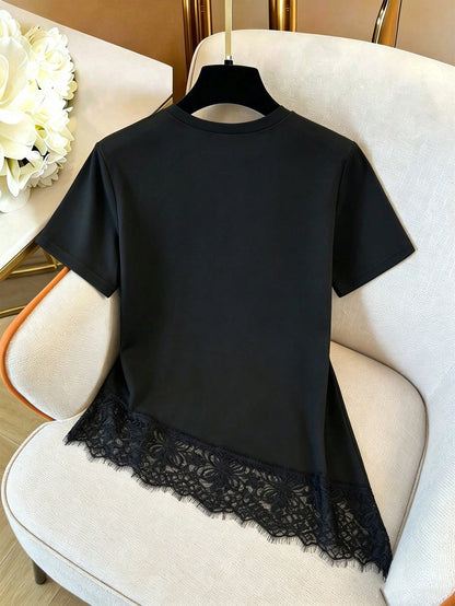 GlowEve Women's Round Neck Lace Patchwork Casual Versatile Daily Wear T-Shirt
