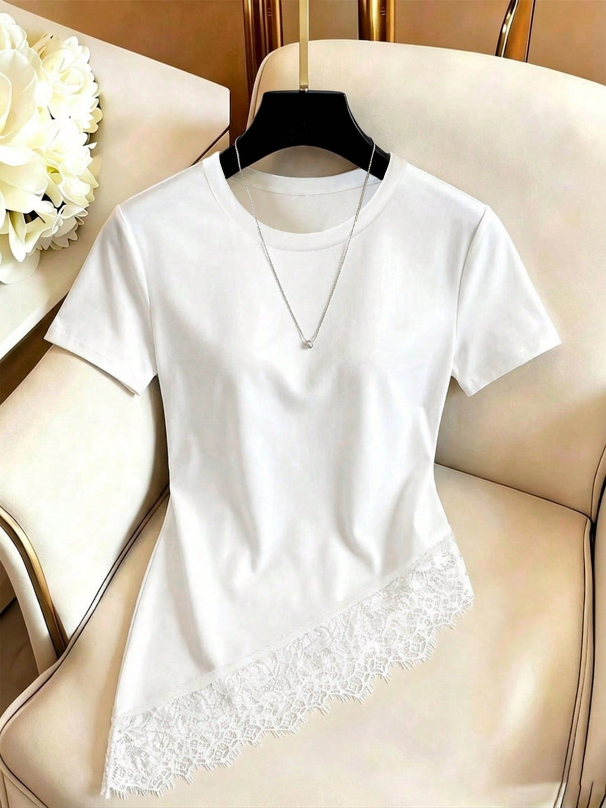 GlowEve Women's Round Neck Lace Patchwork Casual Versatile Daily Wear T-Shirt