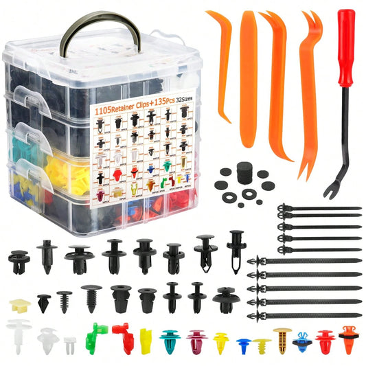GMOX 1240Pcs Universal Auto Fastener Kit- 32 Sizes Nylon Push Retainer Clips, Car Bumper Rivets & Door Panel Replacement Set