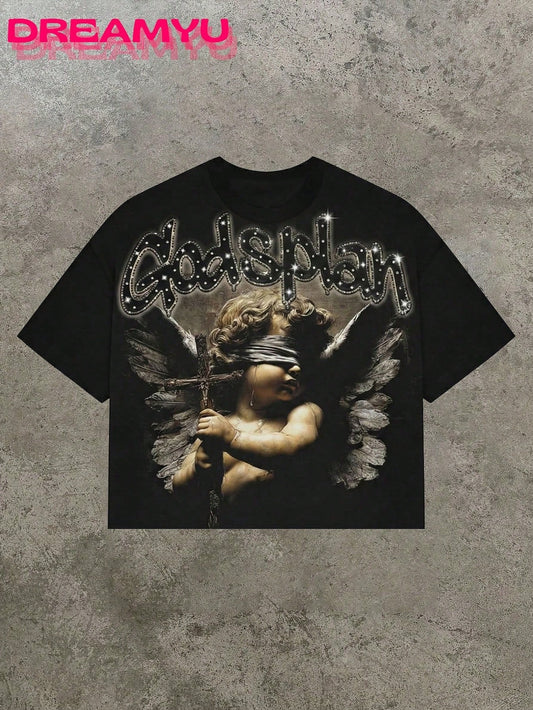 Godplan Grunge Graphic Tee, Oversized Retro Cotton Y2K Streetwear Top For Men