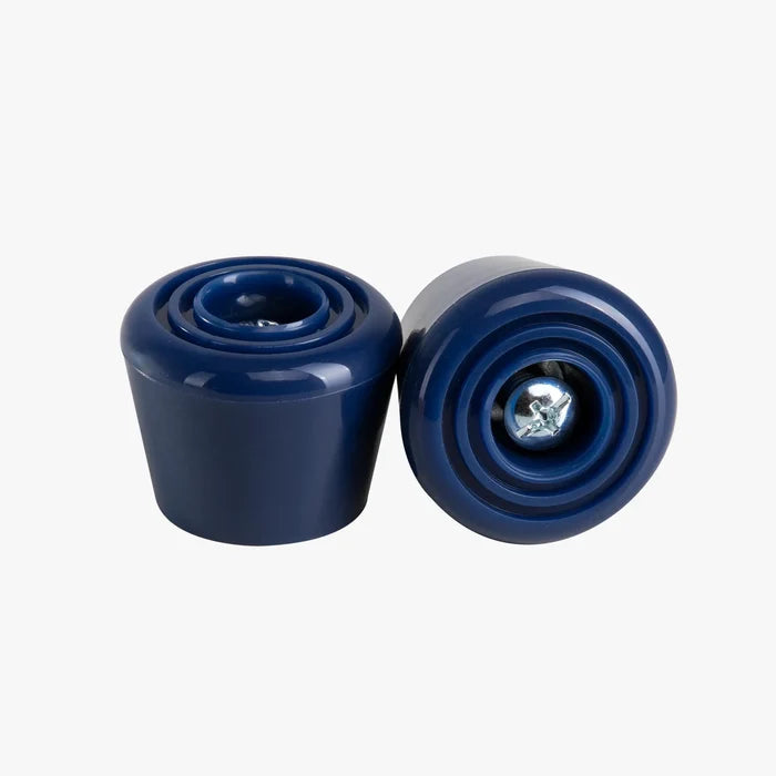Two blue cylindrical stoppers on a white background