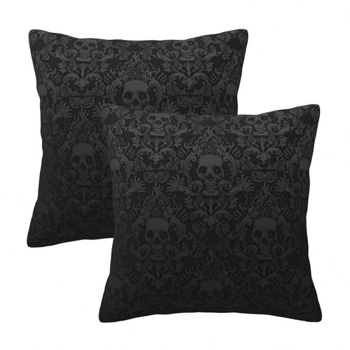 Gothic Black Color Skull Polyester Throw Pillow Covers, 2pcs/Set Square Sofa Cushion Cover, Home Living Room Bedroom Bed Case Decoration, Office Waist Protection Car Lumbar Pillowcase, 18x18 Inch, No