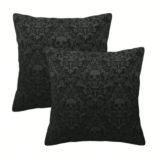 Gothic Black Color Skull Polyester Throw Pillow Covers, 2pcs/Set Square Sofa Cushion Cover, Home Living Room Bedroom Bed Case Decoration, Office Waist Protection Car Lumbar Pillowcase, 18x18 Inch, No
