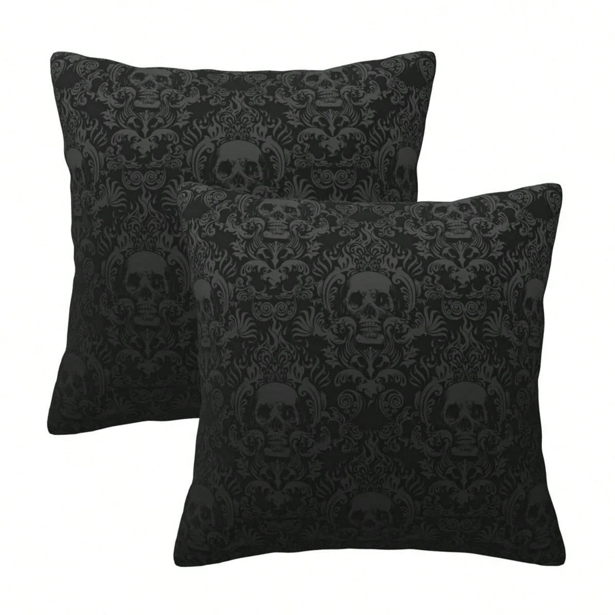 Gothic Black Color Skull Polyester Throw Pillow Covers, 2pcs/Set Square Sofa Cushion Cover, Home Living Room Bedroom Bed Case Decoration, Office Waist Protection Car Lumbar Pillowcase, 18x18 Inch, No
