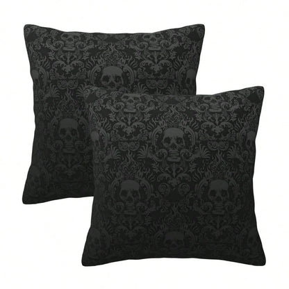 Gothic Black Color Skull Polyester Throw Pillow Covers, 2pcs/Set Square Sofa Cushion Cover, Home Living Room Bedroom Bed Case Decoration, Office Waist Protection Car Lumbar Pillowcase, 18x18 Inch, No