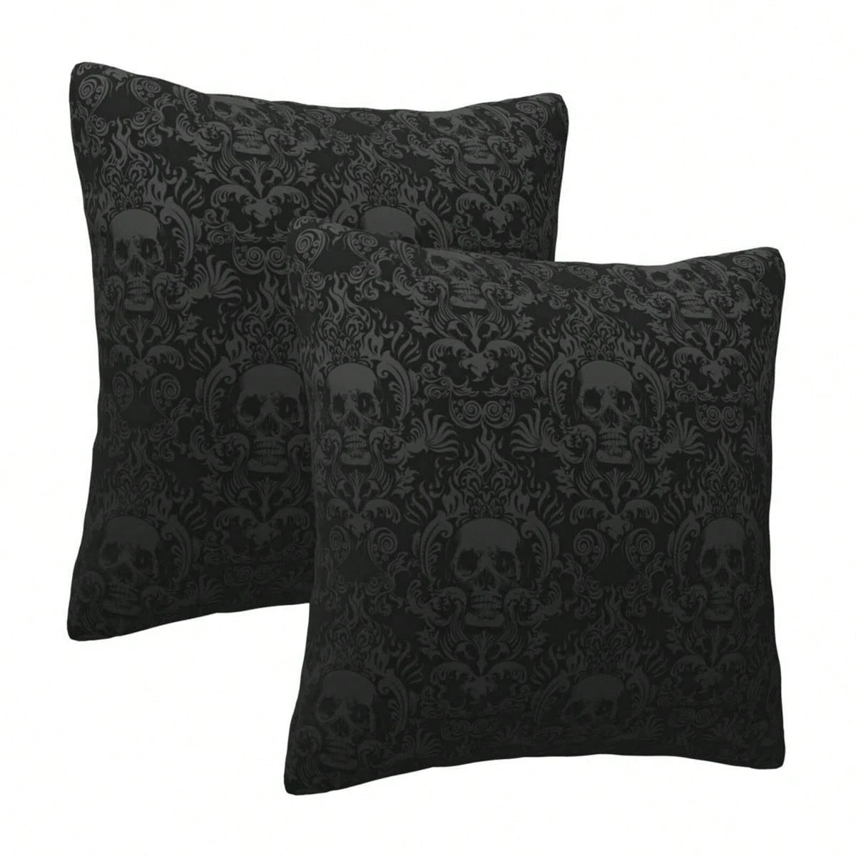 Gothic Black Color Skull Polyester Throw Pillow Covers, 2pcs/Set Square Sofa Cushion Cover, Home Living Room Bedroom Bed Case Decoration, Office Waist Protection Car Lumbar Pillowcase, 18x18 Inch, No