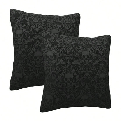 Gothic Black Color Skull Polyester Throw Pillow Covers, 2pcs/Set Square Sofa Cushion Cover, Home Living Room Bedroom Bed Case Decoration, Office Waist Protection Car Lumbar Pillowcase, 18x18 Inch, No
