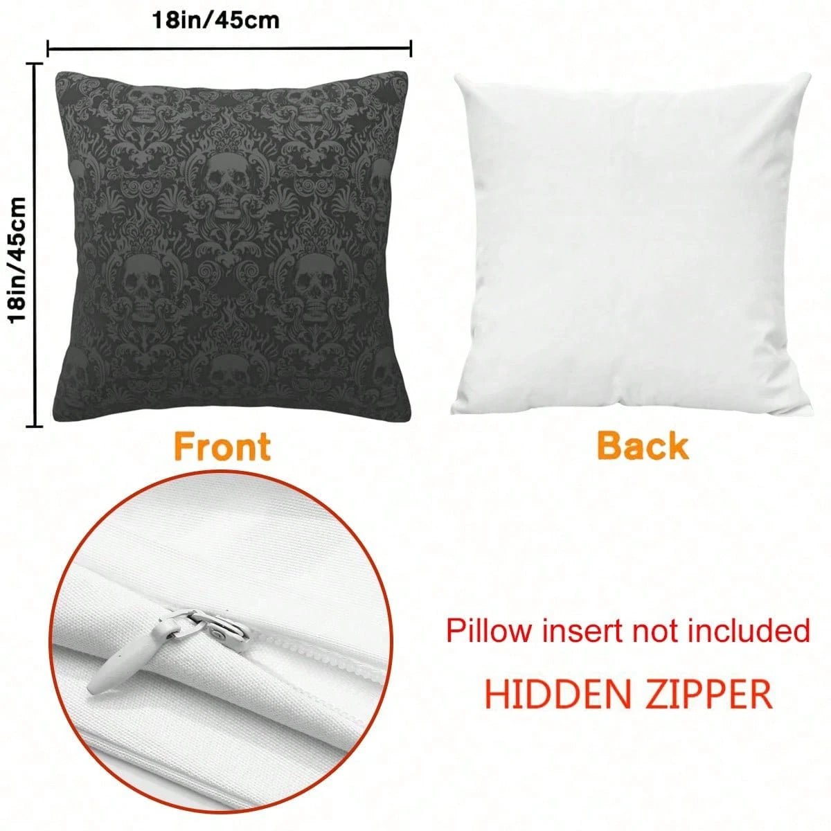 Gothic Black Color Skull Polyester Throw Pillow Covers, 2pcs/Set Square Sofa Cushion Cover, Home Living Room Bedroom Bed Case Decoration, Office Waist Protection Car Lumbar Pillowcase, 18x18 Inch, No