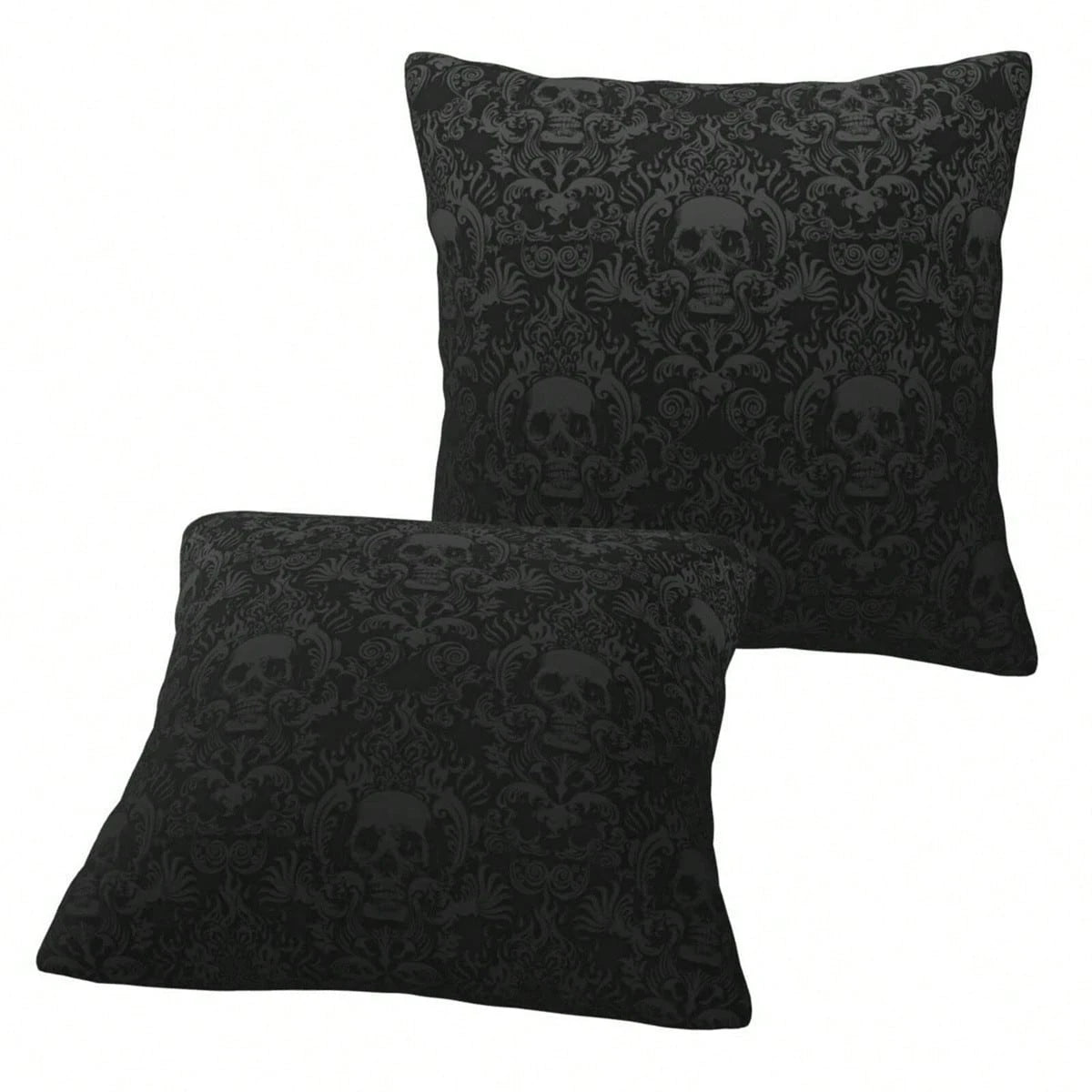 Gothic Black Color Skull Polyester Throw Pillow Covers, 2pcs/Set Square Sofa Cushion Cover, Home Living Room Bedroom Bed Case Decoration, Office Waist Protection Car Lumbar Pillowcase, 18x18 Inch, No