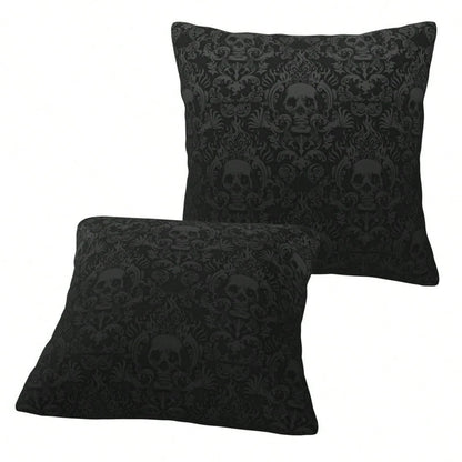 Gothic Black Color Skull Polyester Throw Pillow Covers, 2pcs/Set Square Sofa Cushion Cover, Home Living Room Bedroom Bed Case Decoration, Office Waist Protection Car Lumbar Pillowcase, 18x18 Inch, No