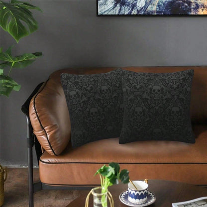 Gothic Black Color Skull Polyester Throw Pillow Covers, 2pcs/Set Square Sofa Cushion Cover, Home Living Room Bedroom Bed Case Decoration, Office Waist Protection Car Lumbar Pillowcase, 18x18 Inch, No