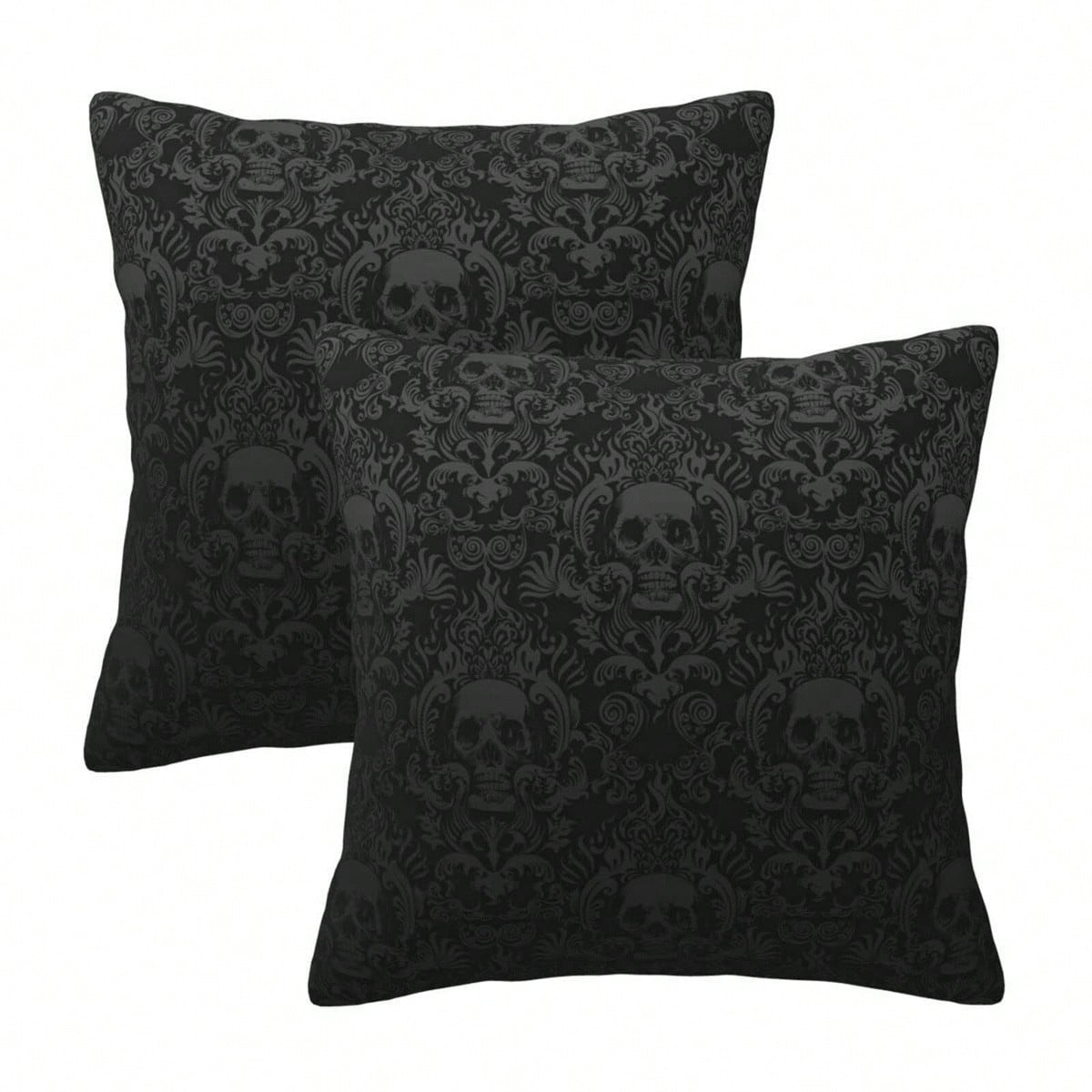 Gothic Black Color Skull Polyester Throw Pillow Covers, 2pcs/Set Square Sofa Cushion Cover, Home Living Room Bedroom Bed Case Decoration, Office Waist Protection Car Lumbar Pillowcase, 18x18 Inch, No