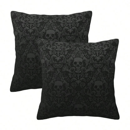Gothic Black Color Skull Polyester Throw Pillow Covers, 2pcs/Set Square Sofa Cushion Cover, Home Living Room Bedroom Bed Case Decoration, Office Waist Protection Car Lumbar Pillowcase, 18x18 Inch, No