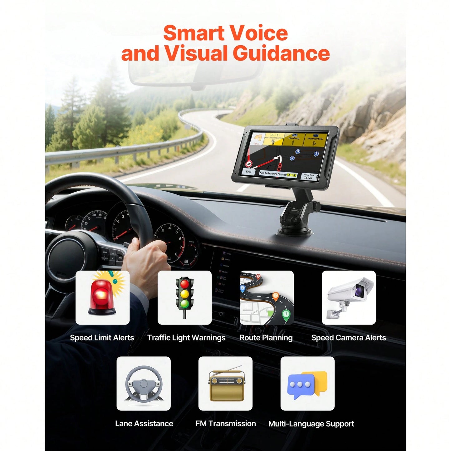 GPS Navigator For Car, 7 Inch Touch Screen 16GB GPS Navigation System With Built-In Dash Cam, Voice Turn-By-Turn Guidance, Speed And Red Light Warning, Custom Truck Routing, For Car Truck RV