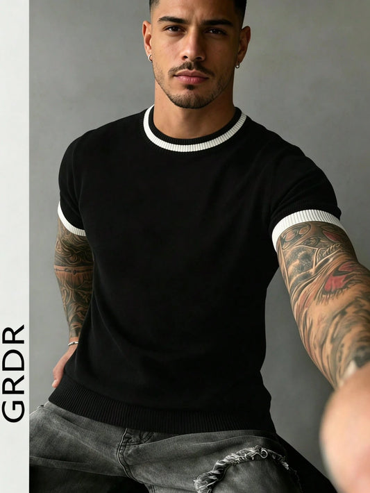 GRDR Men's Striped Crew Neck Thin Loose Fit Knit Short Sleeve- Fashion Versatile Casual Minimalist T-Shirt