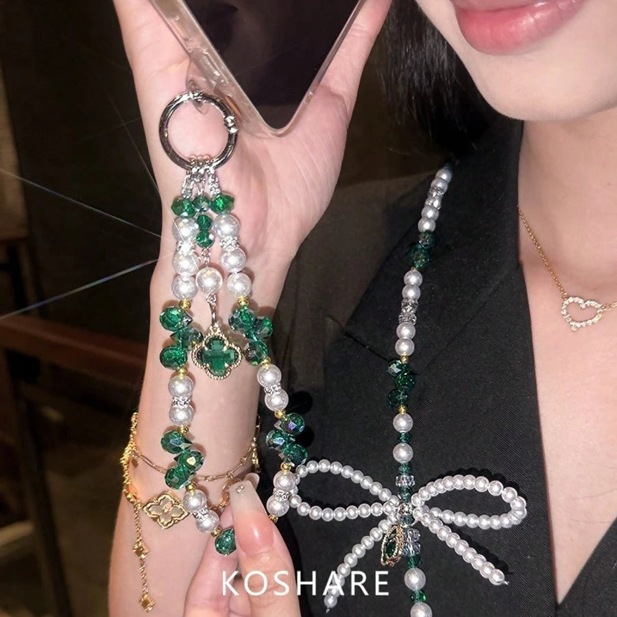 Green Crystal Pearl Phone Charm Strap, Four-Leaf Clover Pendant, Beaded Phone Case Chain Lanyard, Beautiful Handbag And Keychain Accessories
