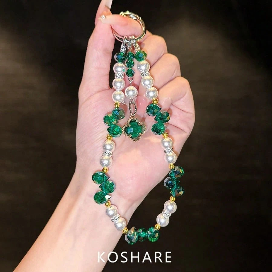 Green Crystal Pearl Phone Charm Strap, Four-Leaf Clover Pendant, Beaded Phone Case Chain Lanyard, Beautiful Handbag And Keychain Accessories
