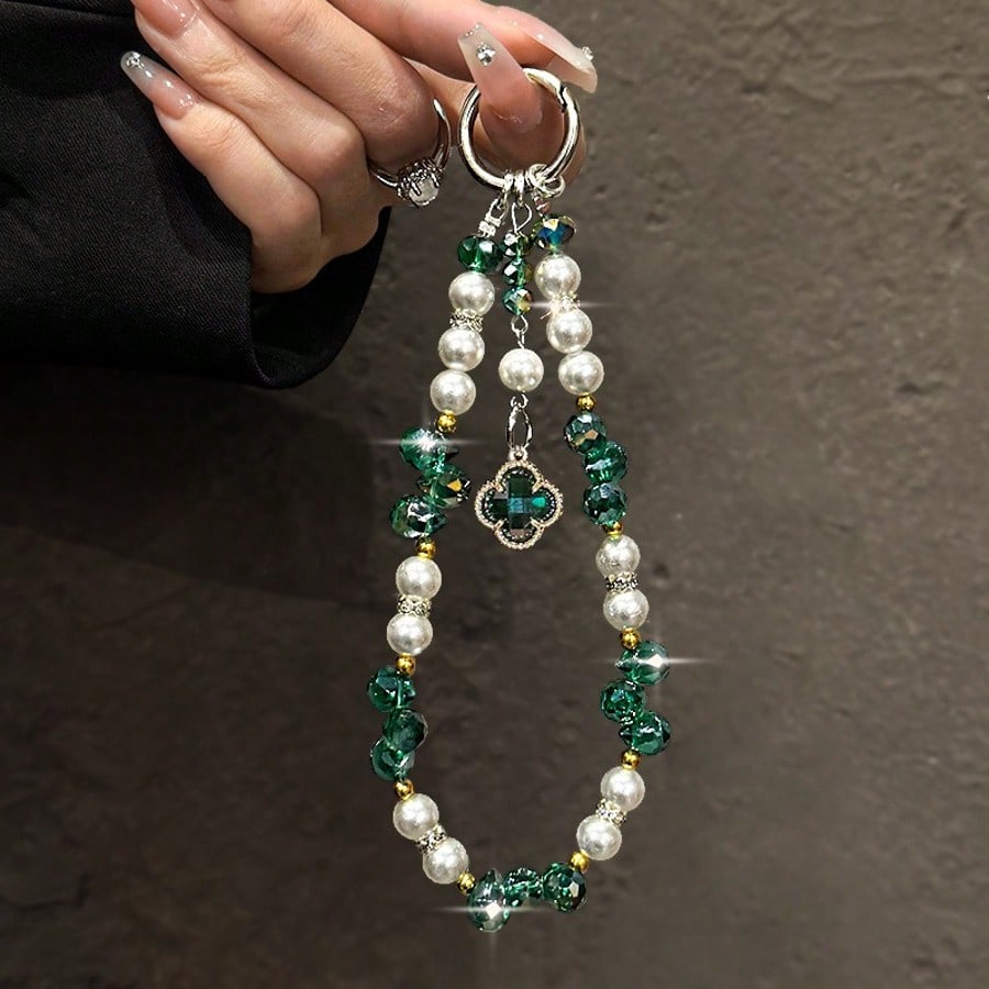 Green Crystal Pearl Phone Charm Strap, Four-Leaf Clover Pendant, Beaded Phone Case Chain Lanyard, Beautiful Handbag And Keychain Accessories