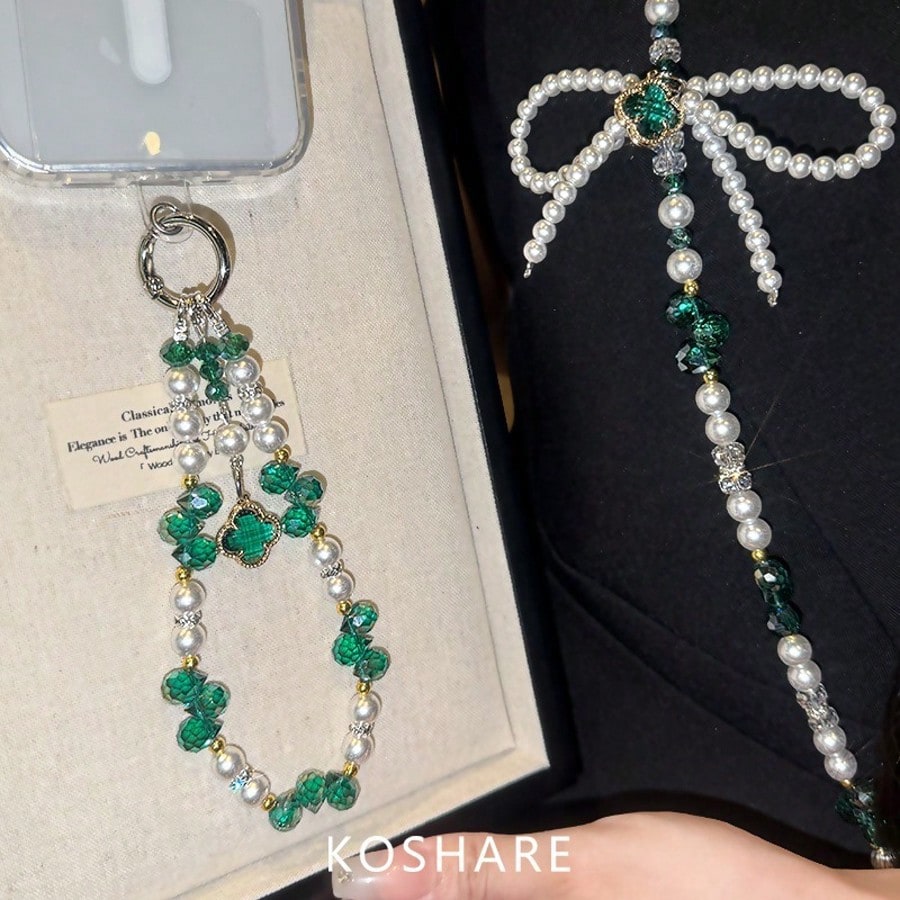 Green Crystal Pearl Phone Charm Strap, Four-Leaf Clover Pendant, Beaded Phone Case Chain Lanyard, Beautiful Handbag And Keychain Accessories