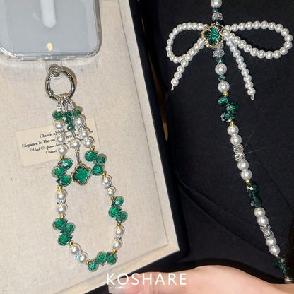 Green Crystal Pearl Phone Charm Strap, Four-Leaf Clover Pendant, Beaded Phone Case Chain Lanyard, Beautiful Handbag And Keychain Accessories