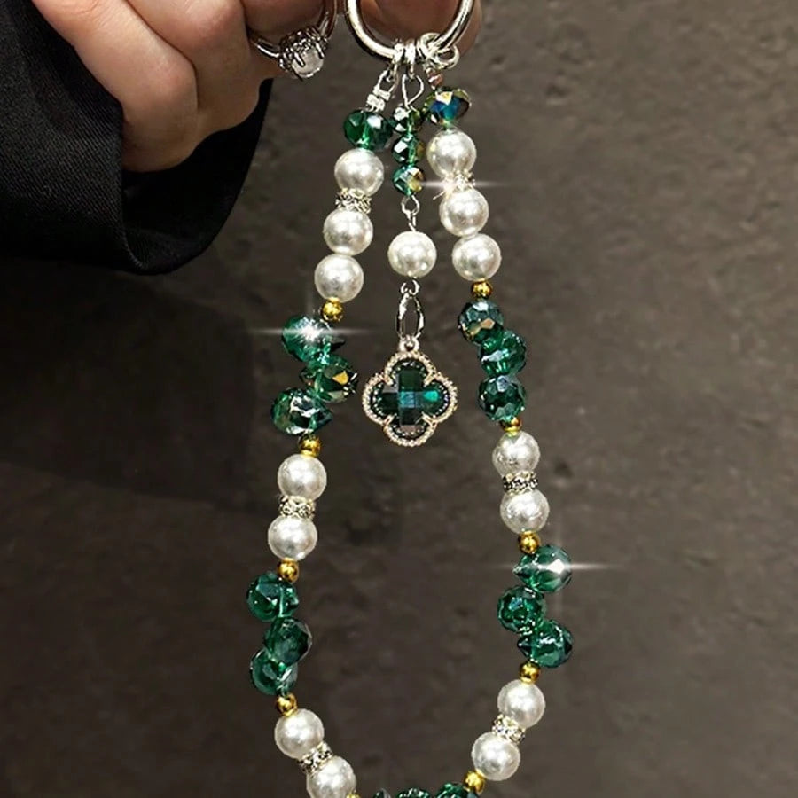 Green Crystal Pearl Phone Charm Strap, Four-Leaf Clover Pendant, Beaded Phone Case Chain Lanyard, Beautiful Handbag And Keychain Accessories