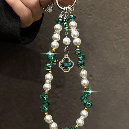 Green Crystal Pearl Phone Charm Strap, Four-Leaf Clover Pendant, Beaded Phone Case Chain Lanyard, Beautiful Handbag And Keychain Accessories