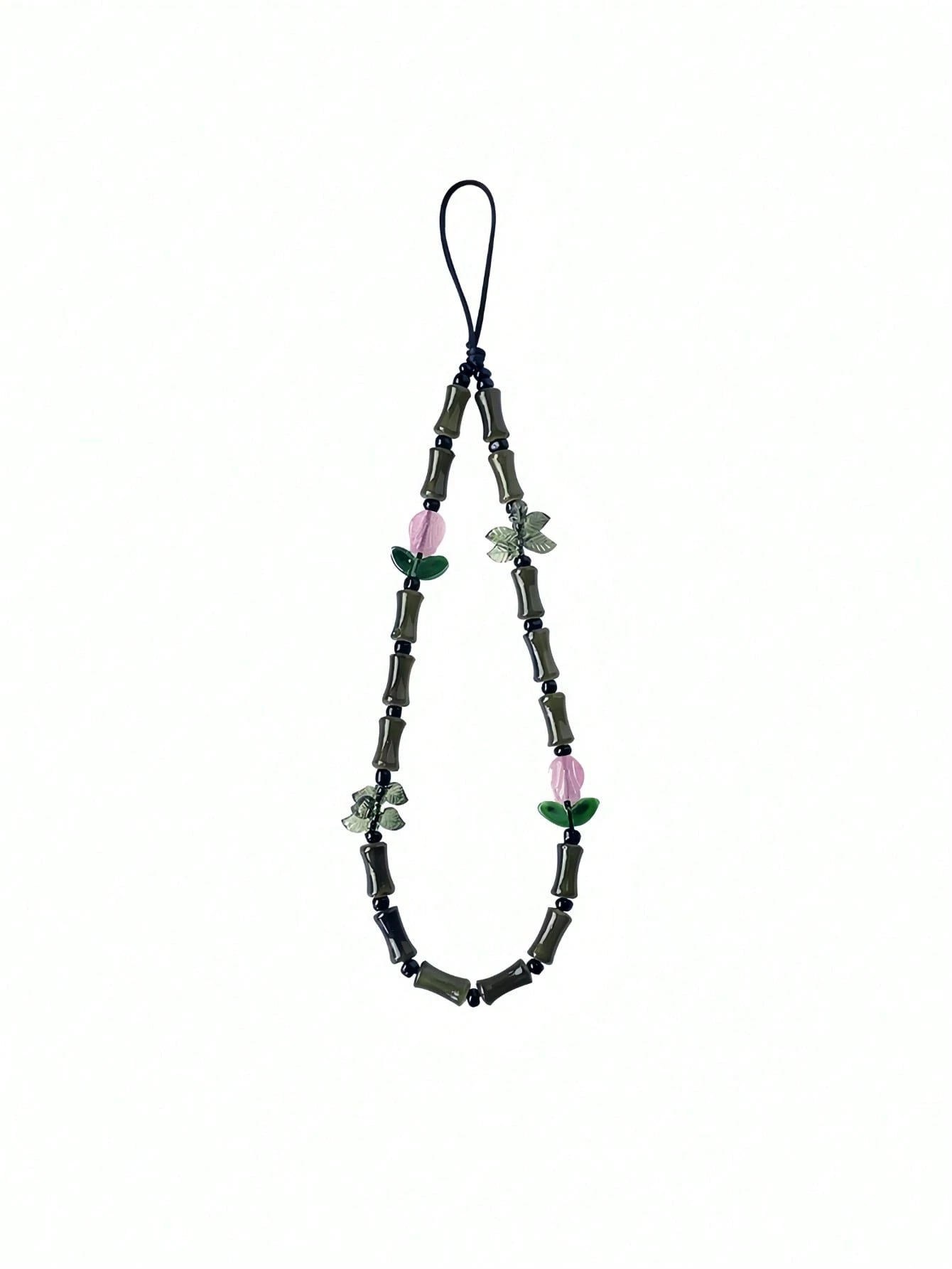 Green Glass Beads Bamboo Tulip Phone Lanyard, Traditional Auspicious Good Luck Phone Charm Hanging Accessory With Floral Decoration, Birthday Gifts For Mother Family Friends, Holiday Phone Chain Strap